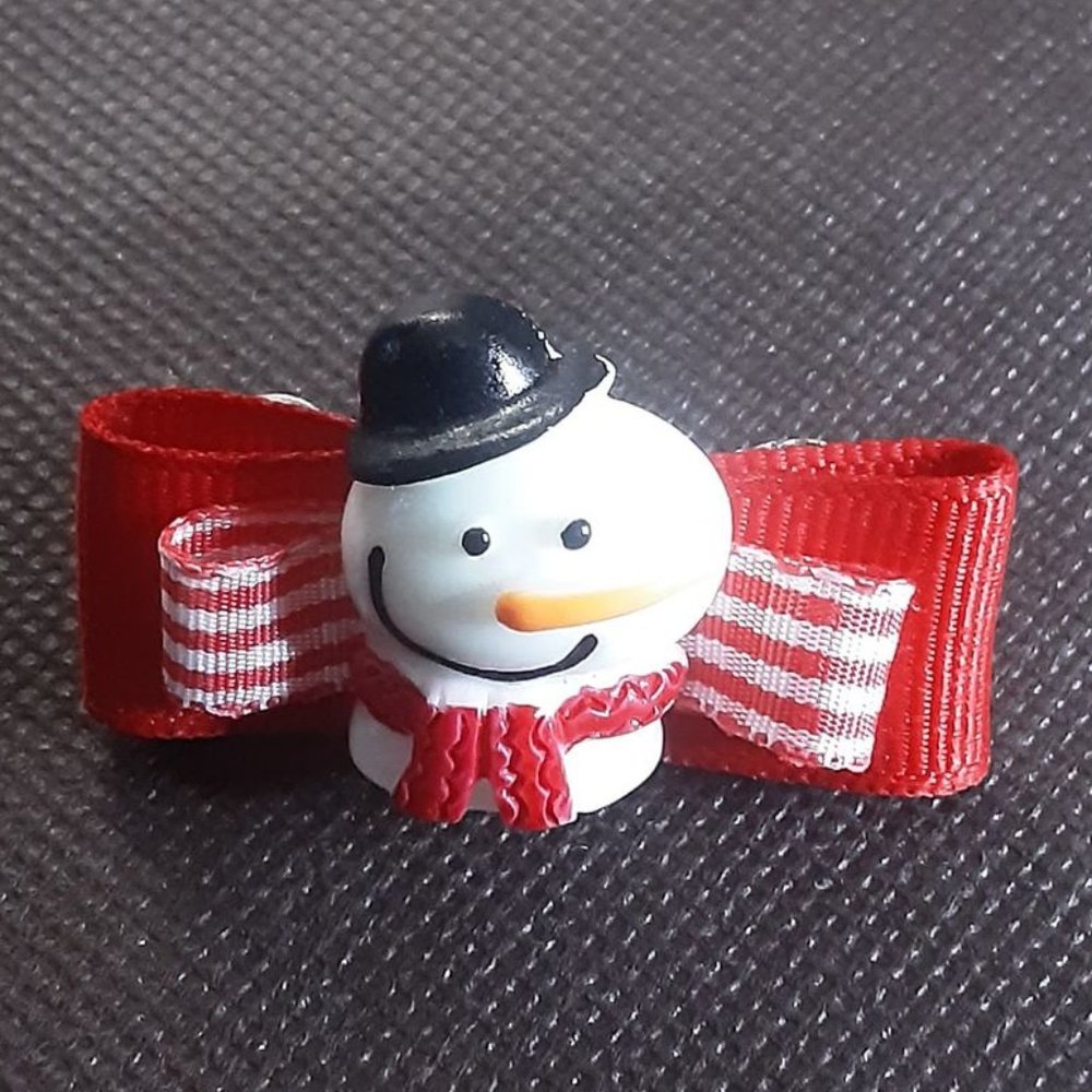 Red snowman hand made Dog bow on clip